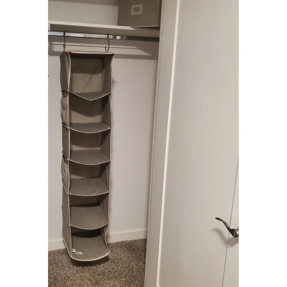 Grey 6-Shelf Hanging Closet Organizer with Side Pockets and Metal Hooks
